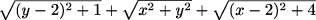 \sqrt{(y-2)^2 + 1} + \sqrt{x^2 + y^2} + \sqrt{(x-2)^2 + 4}